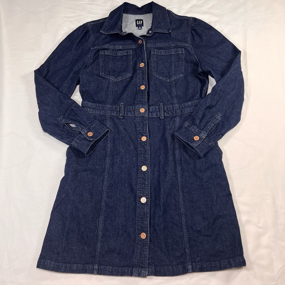 Gap Denim Dress Size M Tall Blue Dark Wash Puff Sleeves Button Pockets Western - Picture 2 of 12